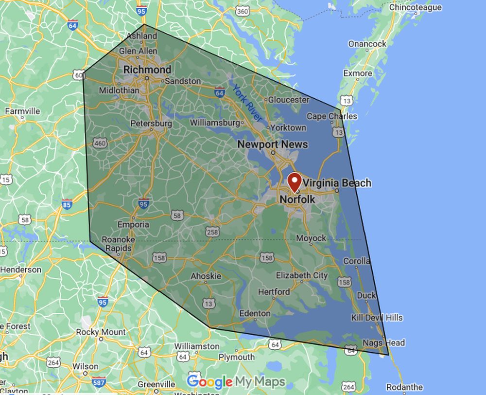 Notary Smart Services in-person coverage area across Hampton Roads, Richmond, the Eastern Shore, and northeastern North Carolina